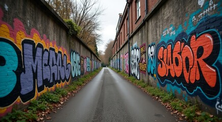 Fototapeta premium Desolate alleyway adorned with vibrant graffiti art against a gritty urban backdrop