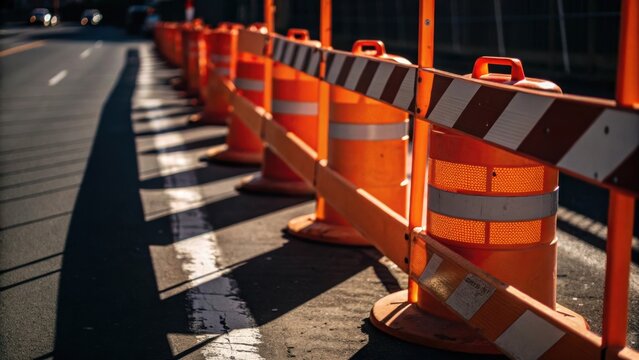A medium closeup of orange construction barriers with reflective tape casting sharp shadows in the light of portable generators conveying a sense of urgency in the ongoing work.