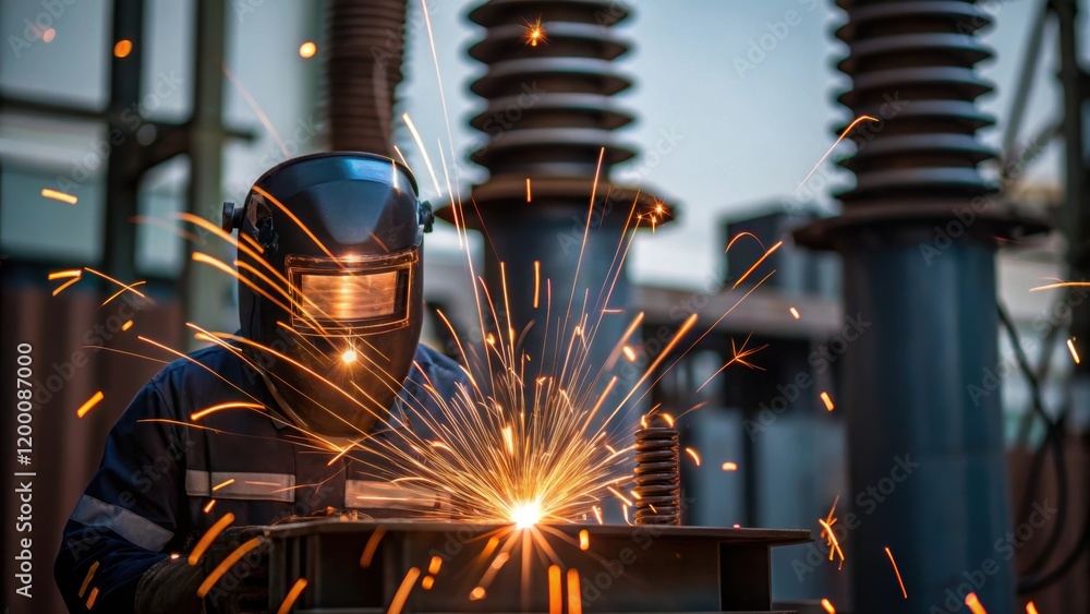 Poster a medium closeup of sparks flying as a welder works nearby with the industrial transformer in the ba