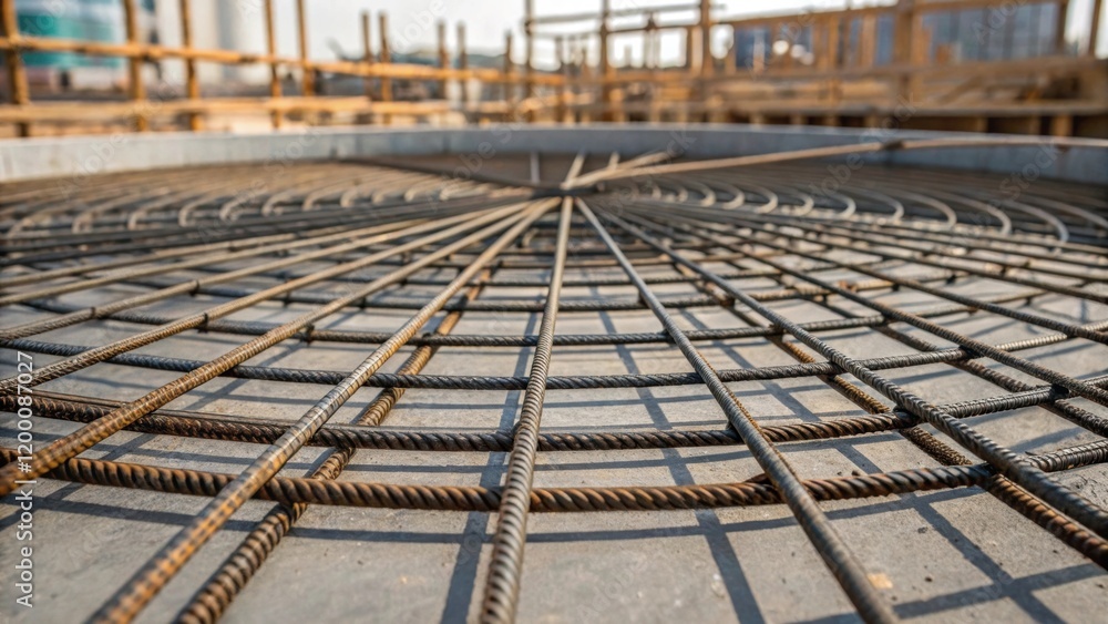 Poster a medium closeup of steel reinforcement bars being arranged in a circular mold showcasing the intric