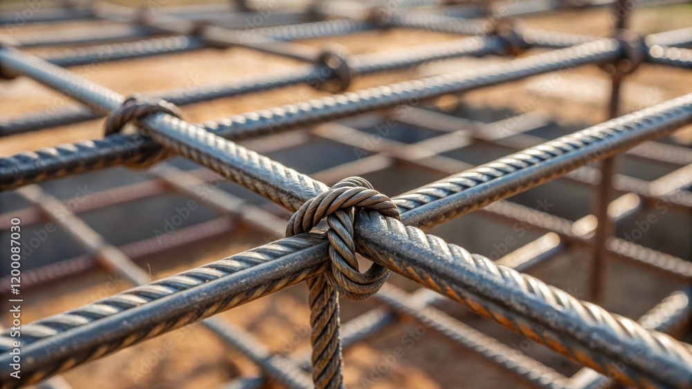 Poster A medium closeup of steel rebar being tied together showcasing the intricate knotting technique used to create a strong framework for the buildings foundation.
