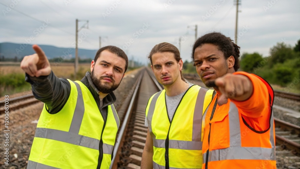 Poster A medium closeup of team members in fluorescent vests communicating pointing to a section of railway needing additional ballast.