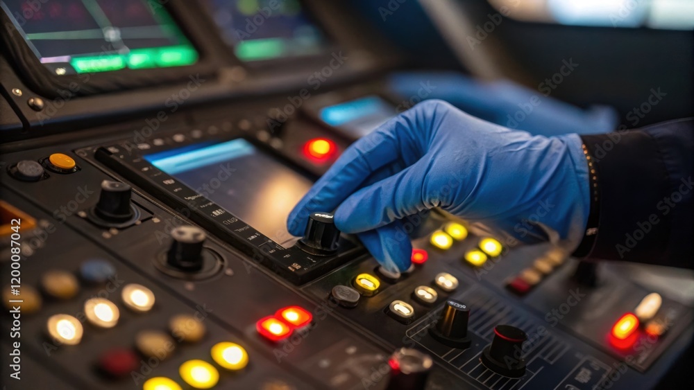 Aufkleber A medium closeup of the control panel with gloved fingers adjusting settings while diagnostic lights flicker in the foreground emphasizing precision in operation.