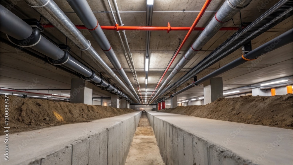 Leinwandbilder a medium closeup of the drainage system installation within the underground parking structure detail