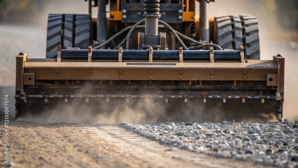 Poster A medium closeup of the asphalt paving machines front plow showing the complex mechanism as it s through the gravel with dust and small rocks flying into the air.