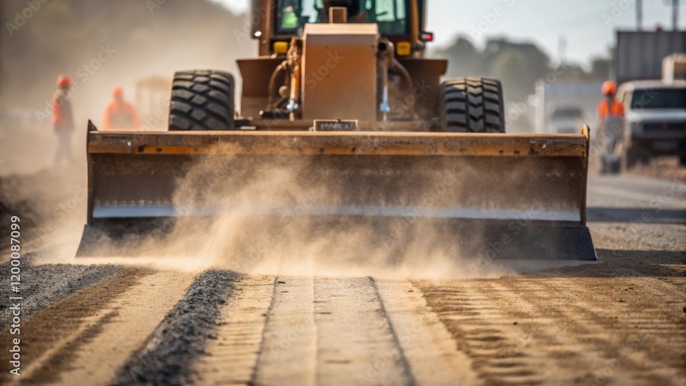 Poster A medium closeup of the graders rear view with fine particles of dust rising as the machine moves emphasizing the dynamic action of road construction.