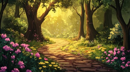 Sunlit path winding through a magical forest.