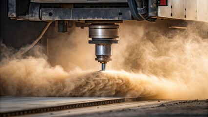 A medium closeup of the exhaust system capturing the clouds of dust escaping as the machine operates indicating the intensity and efficiency of the sandblasting process.