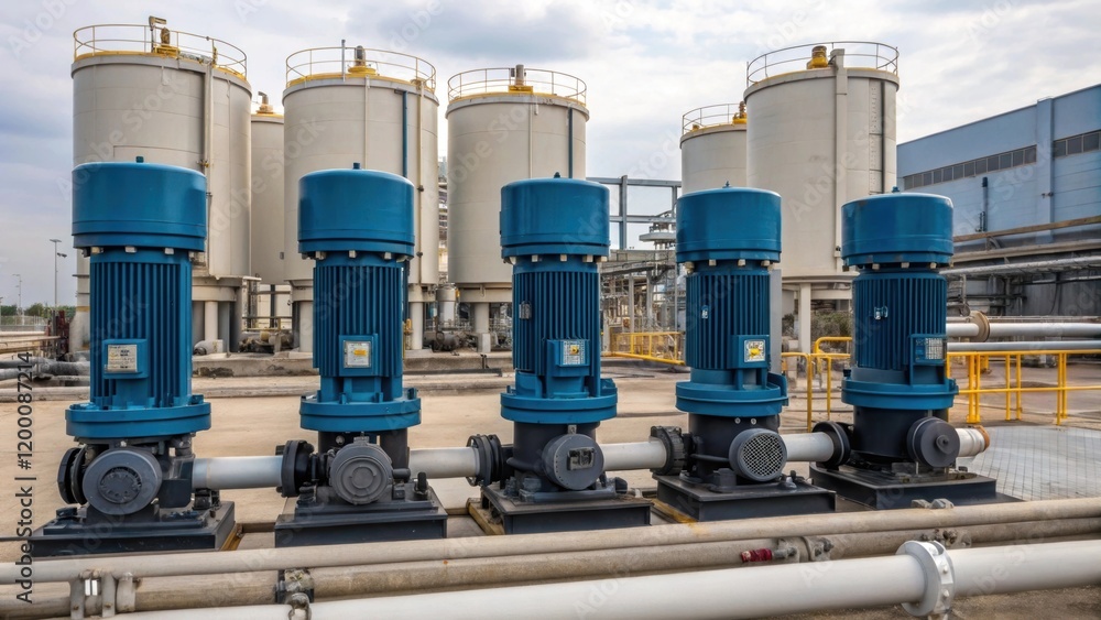 Poster a medium closeup of the water pump site with multiple pumps arranged in a row illustrating their siz