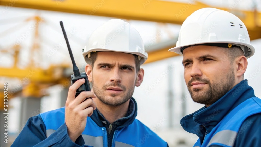 Aufkleber A medium closeup of two technicians using a handheld radio to coordinate lifting operations capturing the teamwork essential for safe crane assembly.