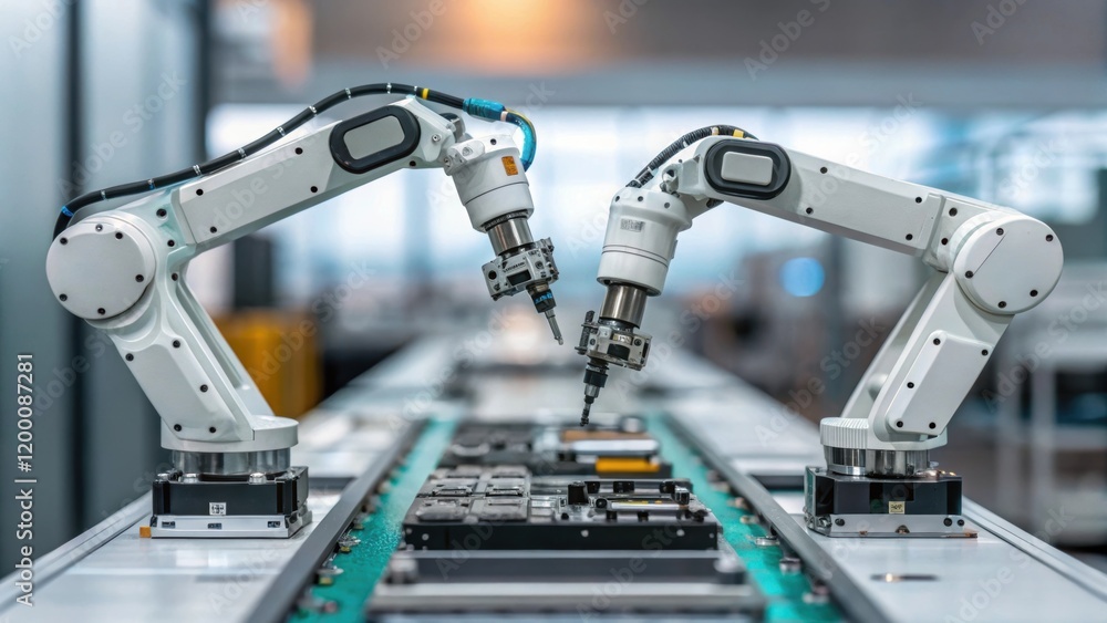 Poster A medium closeup of two robotic arms working in tandem their metallic hands deftly assembling electronic components highlighting precision and synchronicity.