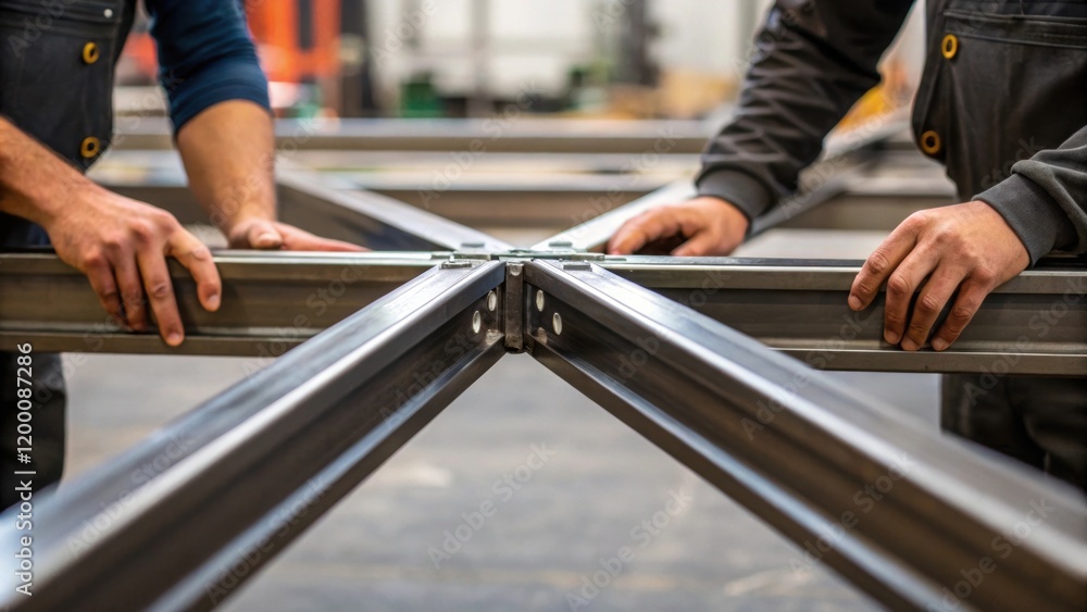 Poster a medium closeup of two steel frames being joined together showing intricate details of the joints a