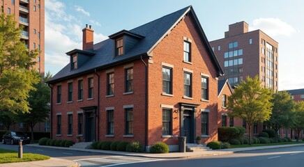 Charming red-bricked gable-roofed building amidst modern high-rises, showcasing the blend of history and contemporary architecture with clear blue sky
