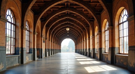 Fototapeta premium Elegant arches of a historic railway station with sunlight streaming through, showcasing timeless architectural beauty