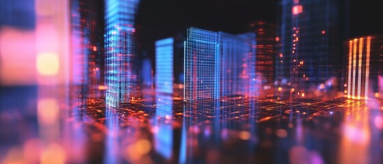 Obraz premium Futuristic holographic cityscape featuring vibrant buildings and intricate technology at dusk