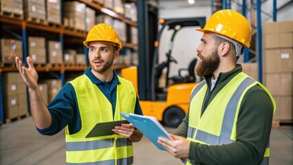 A medium closeup of two warehouse workers communicating one using hand signals to direct the operator of the nearby forklift as they rearrange stock.