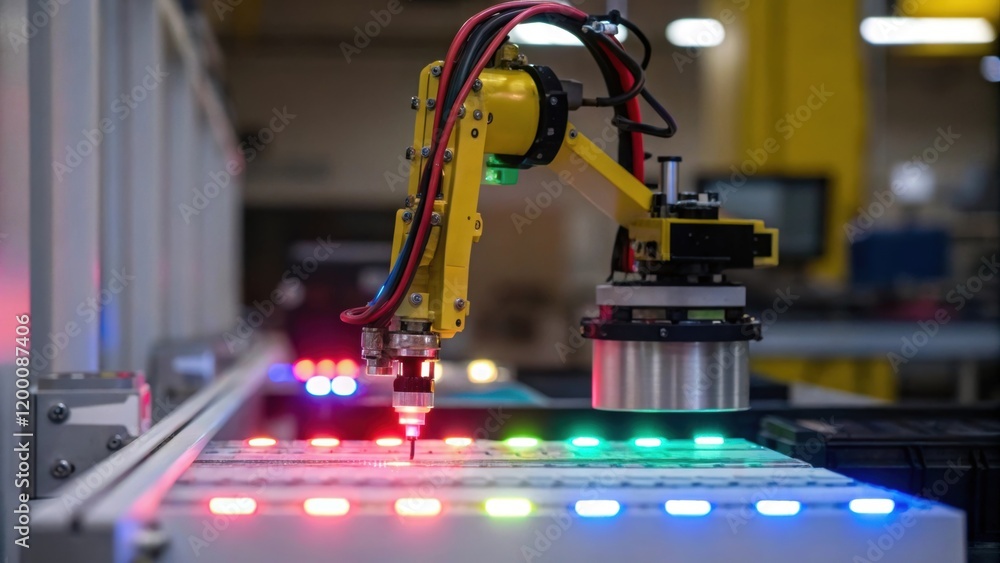 Fototapete a medium closeup of vibrant led lights illuminating a robotic arm as it performs a repetitive task c