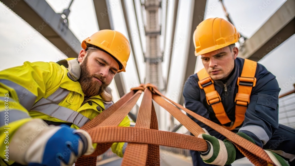 Poster A medium closeup of workers adjusting a heavy lifting s around a bridge support their focused expressions reflecting the importance of teamwork in the construction process.