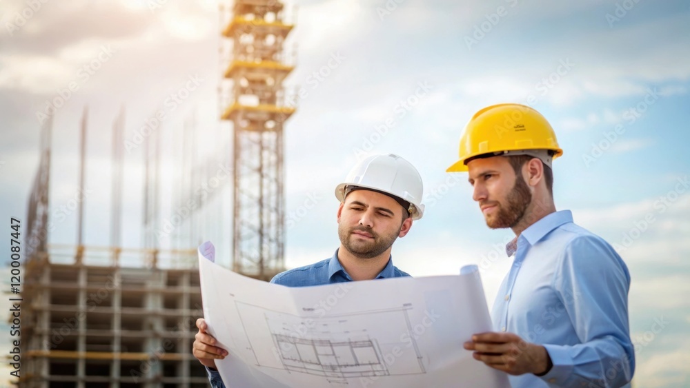 Poster A medium closeup of workers in hard hats discussing blueprints with a partially assembled tower rising in the background capturing the collaboration and planning involved in the