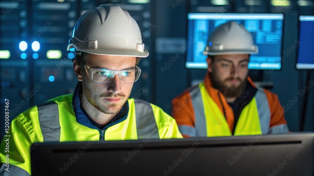 Aufkleber A medium closeup of workers donning safety gear as they program and interface with digital controls emphasizing their focused expressions and the light from the screens reflecting