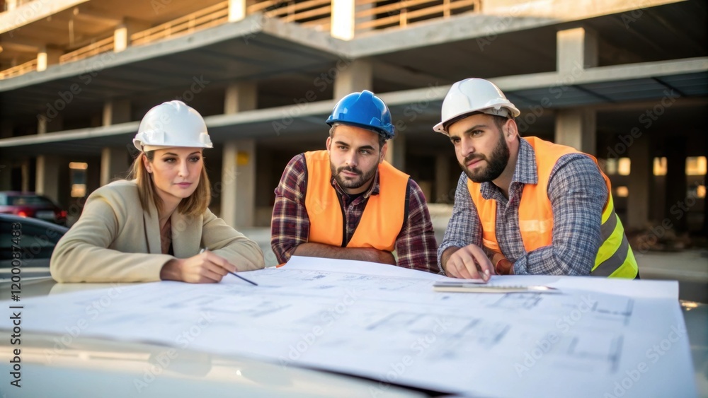 Aufkleber A medium closeup of workers discussing plans while examining blueprints laid out on a table with a partially constructed parking structure visible in the background.