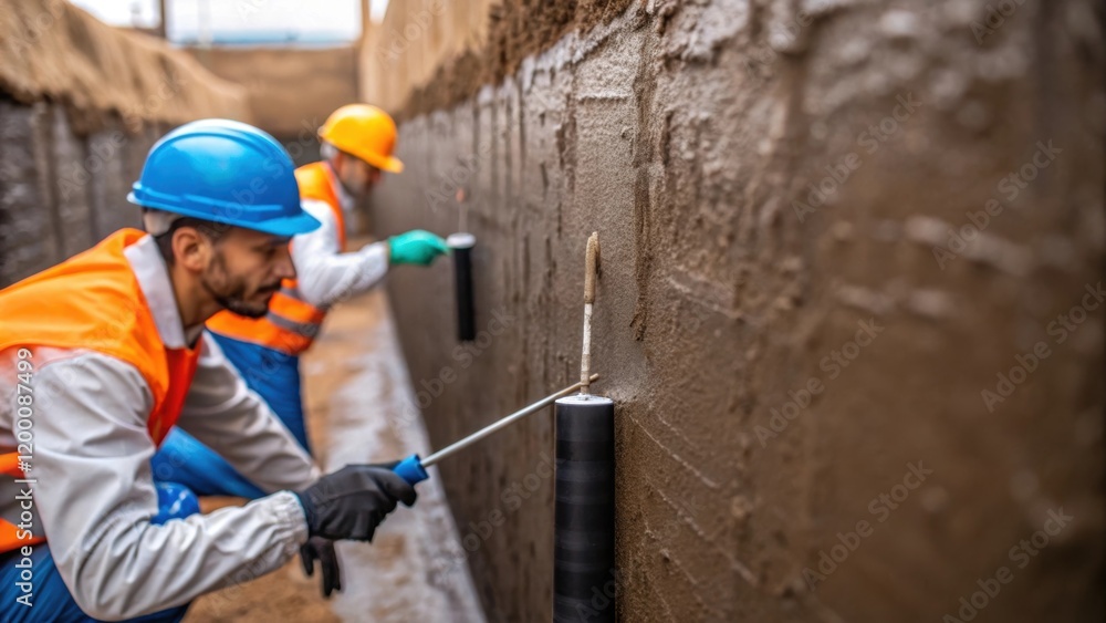 Poster a medium closeup of workers applying waterproof sealant to the walls of an excavation capturing the 