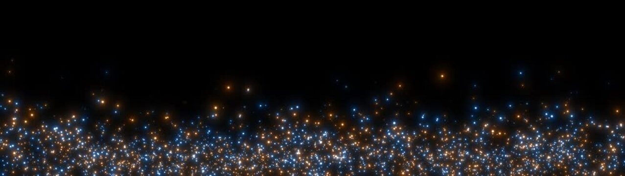 A sweeping panoramic animation of shimmering blue and gold particles, creating a captivating and dynamic visual. Ideal for large-scale displays