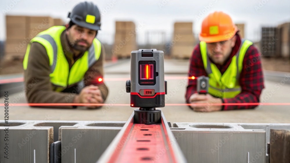 Aufkleber A medium closeup of workers using a laser level to ensure precise alignment of the modular units foundations indicating the importance of accuracy in construction.