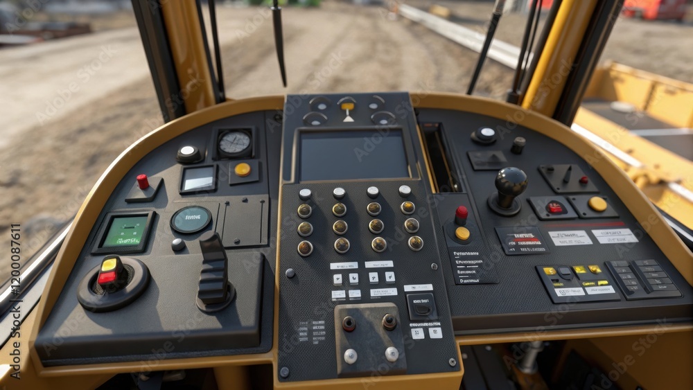 Aufkleber A medium closeup perspective on the control panel inside the excavator featuring an array of buttons levers and gauges that allow for complex operations.