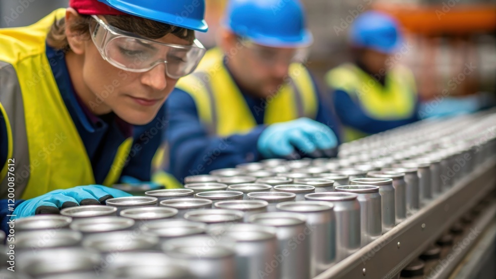 Poster a medium closeup of workers wearing safety gloves and goggles meticulously inspecting and categorizi