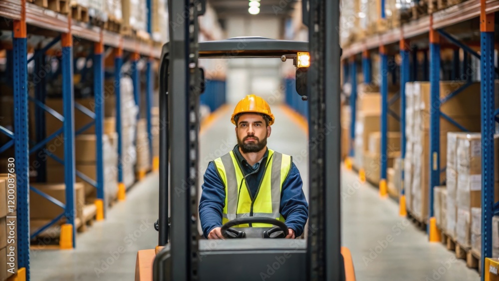 Poster a medium closeup perspective showing a warehouse worker in safety gear guiding a forklift as it navi