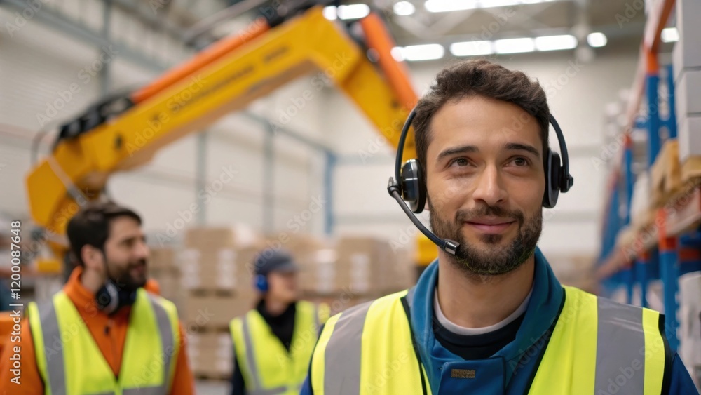 Aufkleber A medium closeup revealing a worker in a headset communicating with colleagues as a robotic crane efficiently relocates an item to a higher shelf creating an atmosphere of