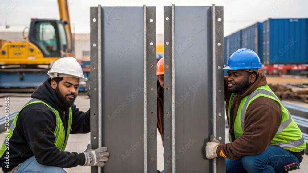Leinwandbilder a medium closeup revealing a group of laborers collaborating to align two large steel panels emphasi