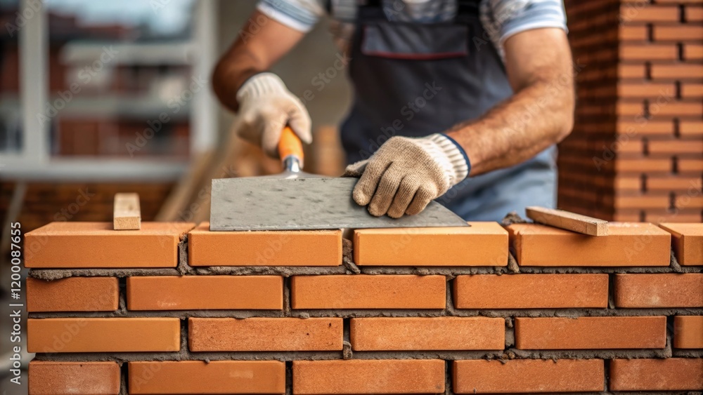 Poster A medium closeup revealing a bricklayer smoothing mortar with a trowel capturing the uniformity of the mortar application and the workers focused expression.
