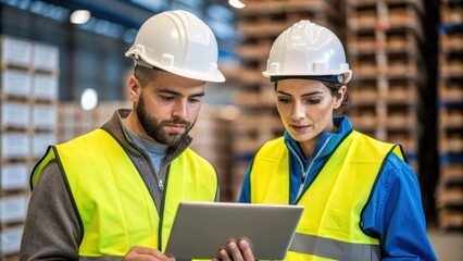 A medium closeup of workers wearing safety gear focused on programming automated systems on a computer tablet with stacks of pallets in the background.