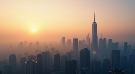 Fototapeta premium Dawn over a misty cityscape with skyscrapers silhouetted against the hazy sunrise