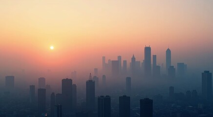 Fototapeta premium Hazy cityscape at dawn with towering skyscrapers rising through early morning mist