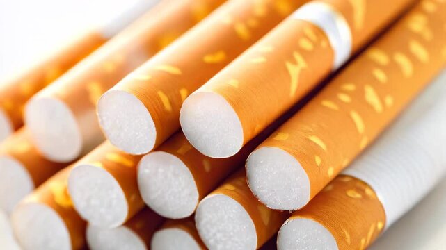 Cigarettes stacked together displaying their distinctive design and packaging in a close-up view