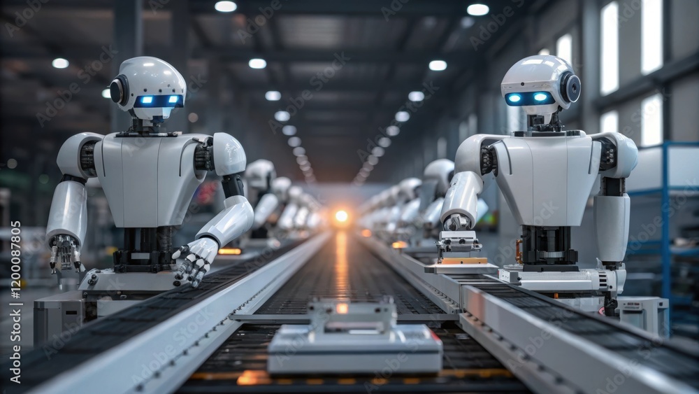 Poster A medium closeup shot of robots working in tandem with one robot passing parts to another highlighting teamwork and efficiency on the assembly line.