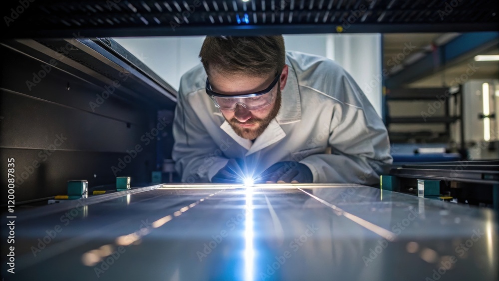 Poster a medium closeup showcasing a technician inspecting a laser metal sheet their hands steady and focus