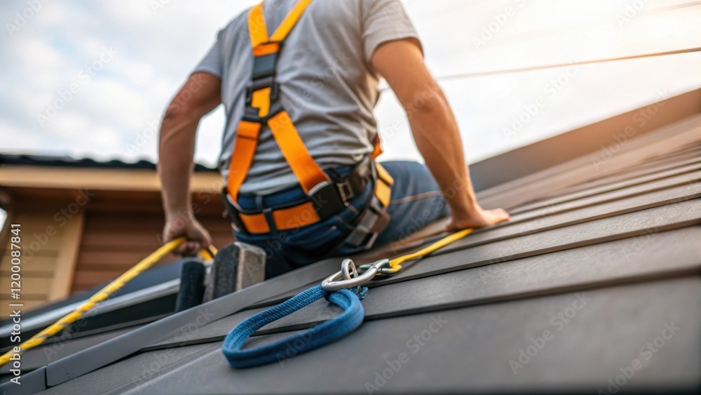 Poster a medium closeup showcasing a worker clambering onto the roof while securing a safety harness illust