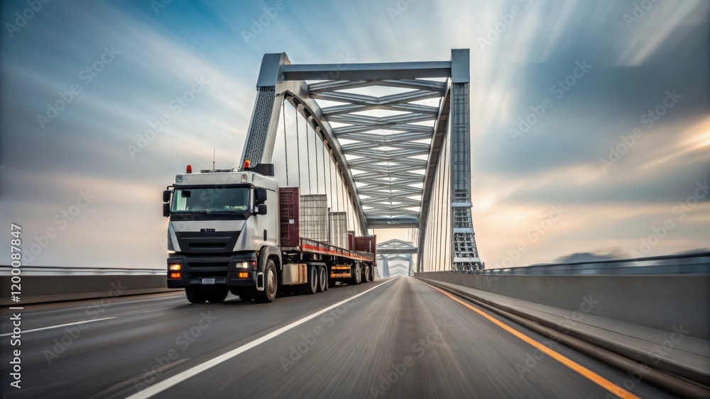 Poster a medium closeup showcasing a truck carrying a section of a bridge with the road blurred in motion h
