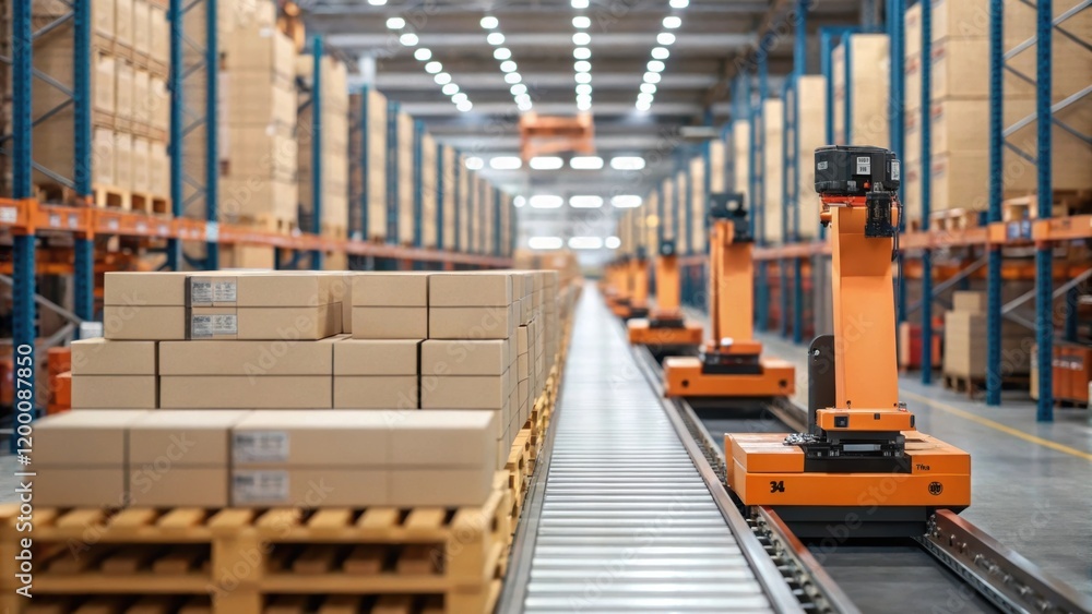 Aufkleber A medium closeup showcasing a section of the warehouse busy with automated machinery in action where stacks of products are efficiently positioned in a staged process for