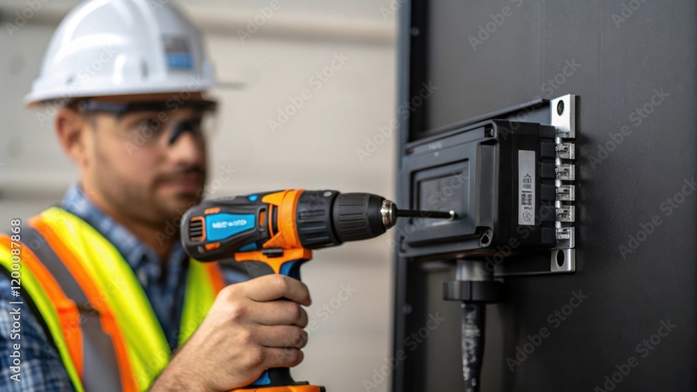 Aufkleber A medium closeup showcasing a worker wearing safety gear while using a power drill to attach a mounting bracket for an LED display.