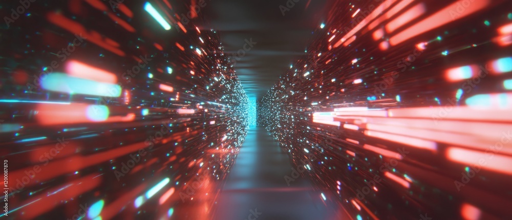 Poster Holographic data stream showcasing vibrant binary code flowing through a digital tunnel environment