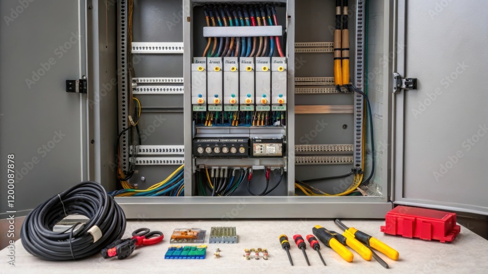 Aufkleber A medium closeup showcasing the intricate wiring and connectors inside a transformer cabinet with tools and safety gear tered around the workspace.