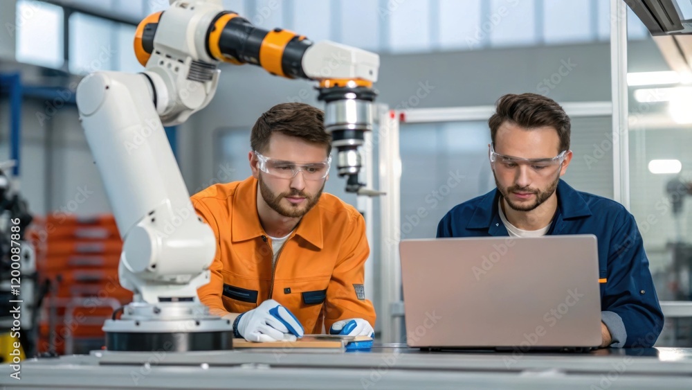 Poster A medium closeup showcasing the collaborative environment where humans and robots work side by side with the robot in action and an operator observing emphasizing teamwork in