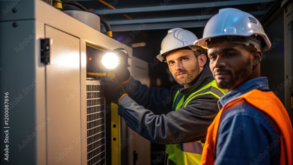 Poster A medium closeup showcasing a team of workers collaborating on a generator installation with one person holding a flashlight while another secures a panel.