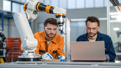 A medium closeup showcasing the collaborative environment where humans and robots work side by side with the robot in action and an operator observing emphasizing teamwork in