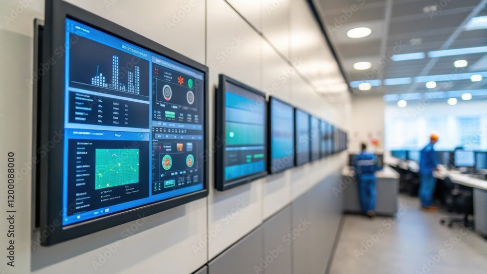 Poster A medium closeup showing digital screens being mounted on a wall highlighting the various interfaces and technology integrated into the control room.